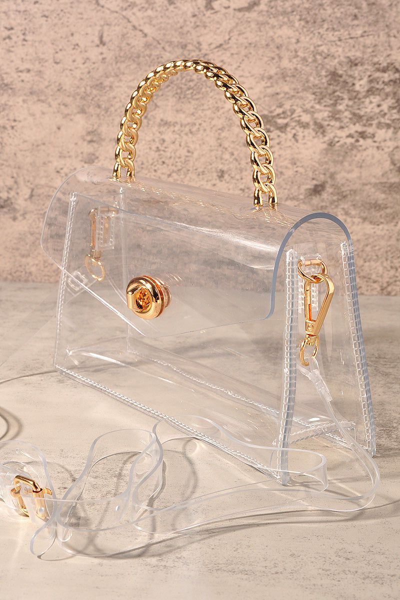 TRANSPARENT METAL HANDLE FLAP CLUTCH BAG