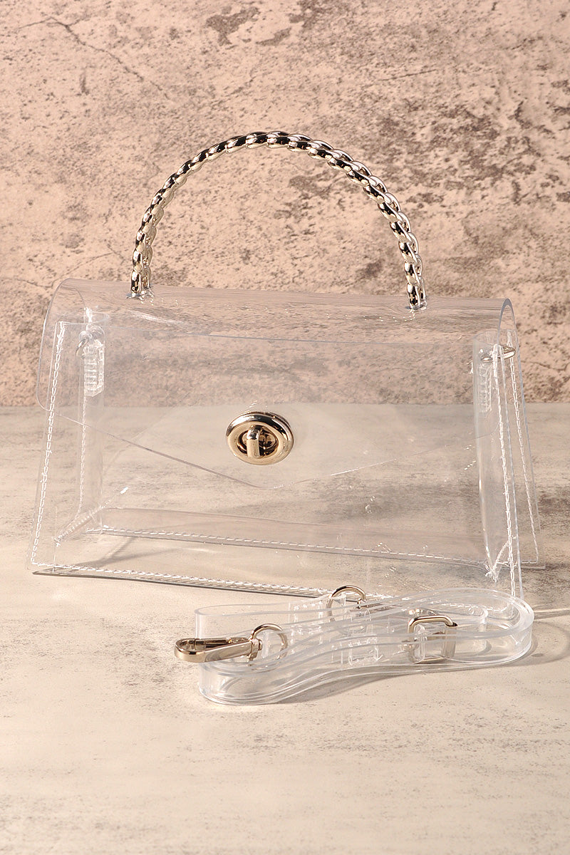 TRANSPARENT METAL HANDLE FLAP CLUTCH BAG