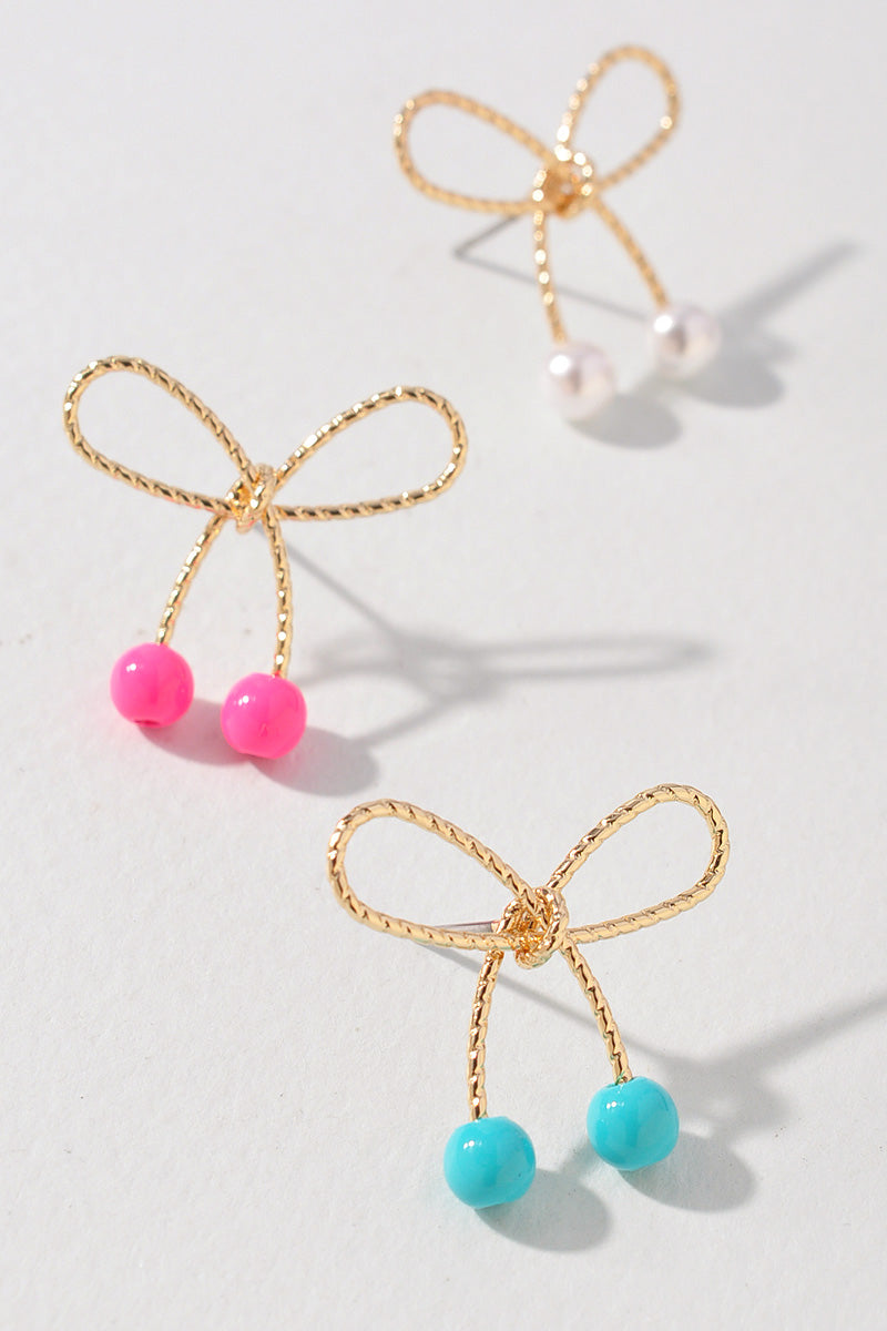 METAL BOW COLOR BEAD EARRINGS
