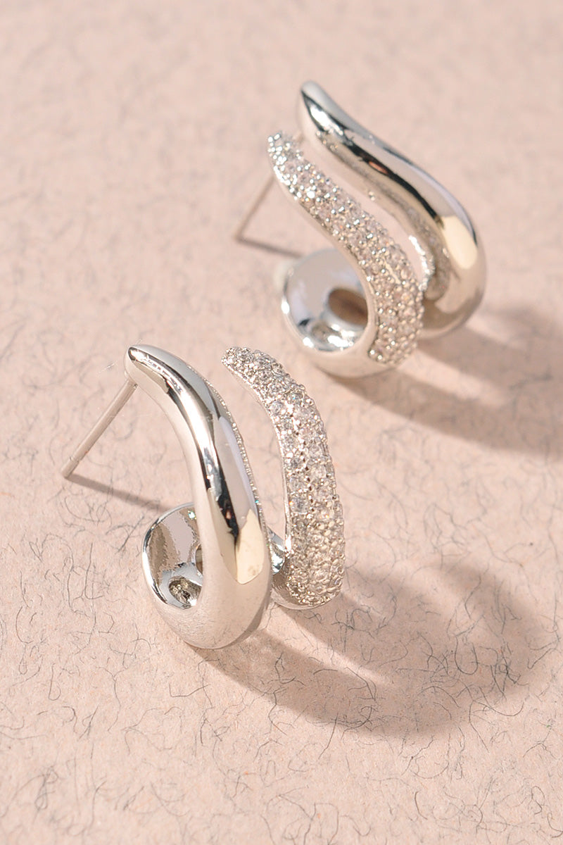 GOLD WHITE GOLD DIPPED TWIN HOOP PAVE CZ POST EARRINGS