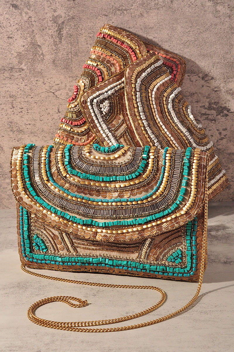 FASHION PATTERN BEAD DESIGN CLUTCH BAG