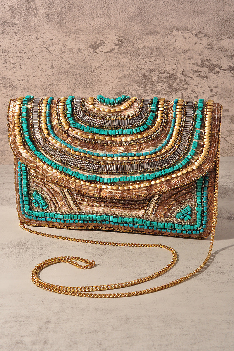 FASHION PATTERN BEAD DESIGN CLUTCH BAG