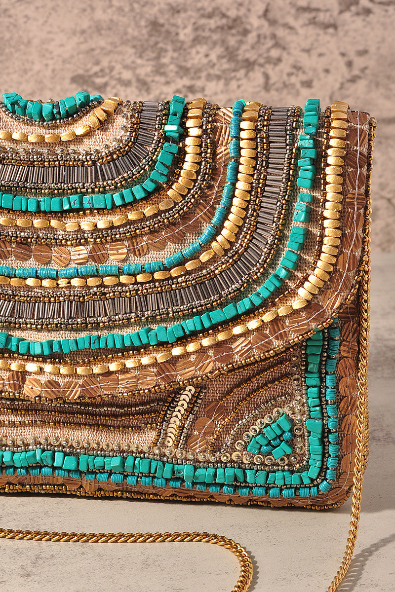 FASHION PATTERN BEAD DESIGN CLUTCH BAG