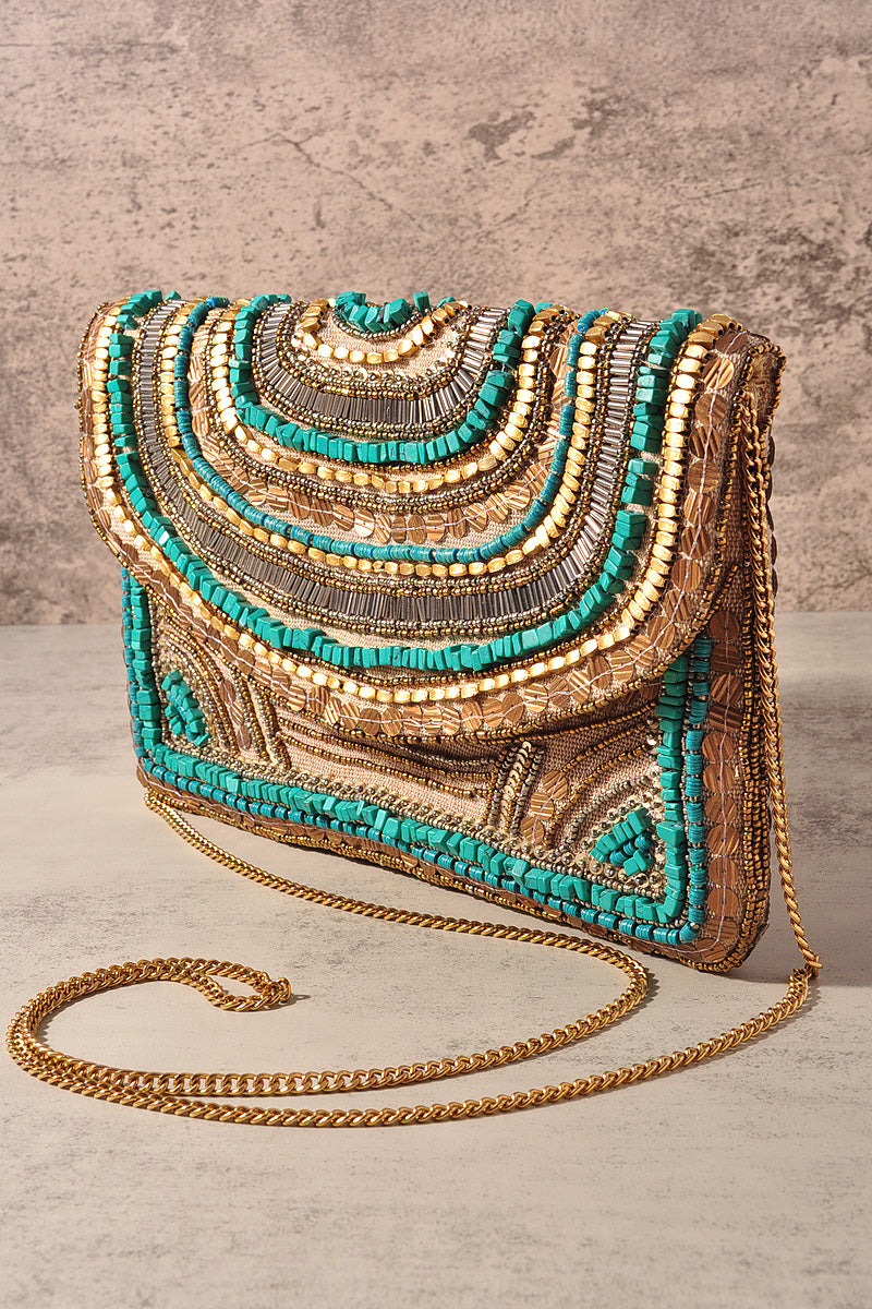 FASHION PATTERN BEAD DESIGN CLUTCH BAG