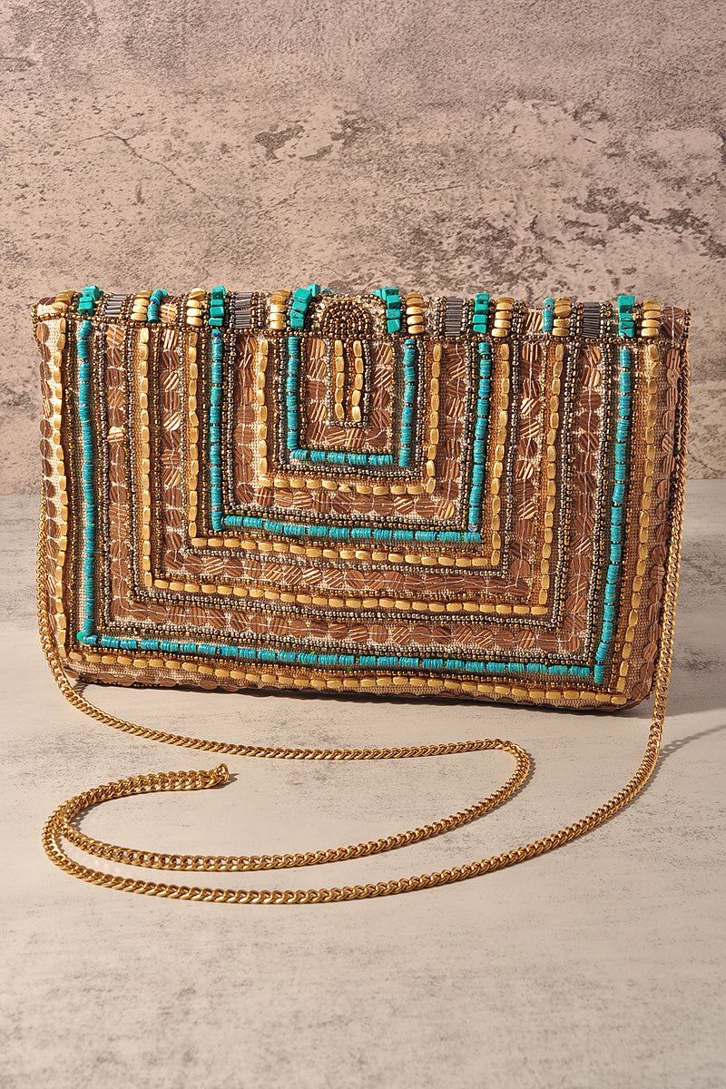 FASHION PATTERN BEAD DESIGN CLUTCH BAG