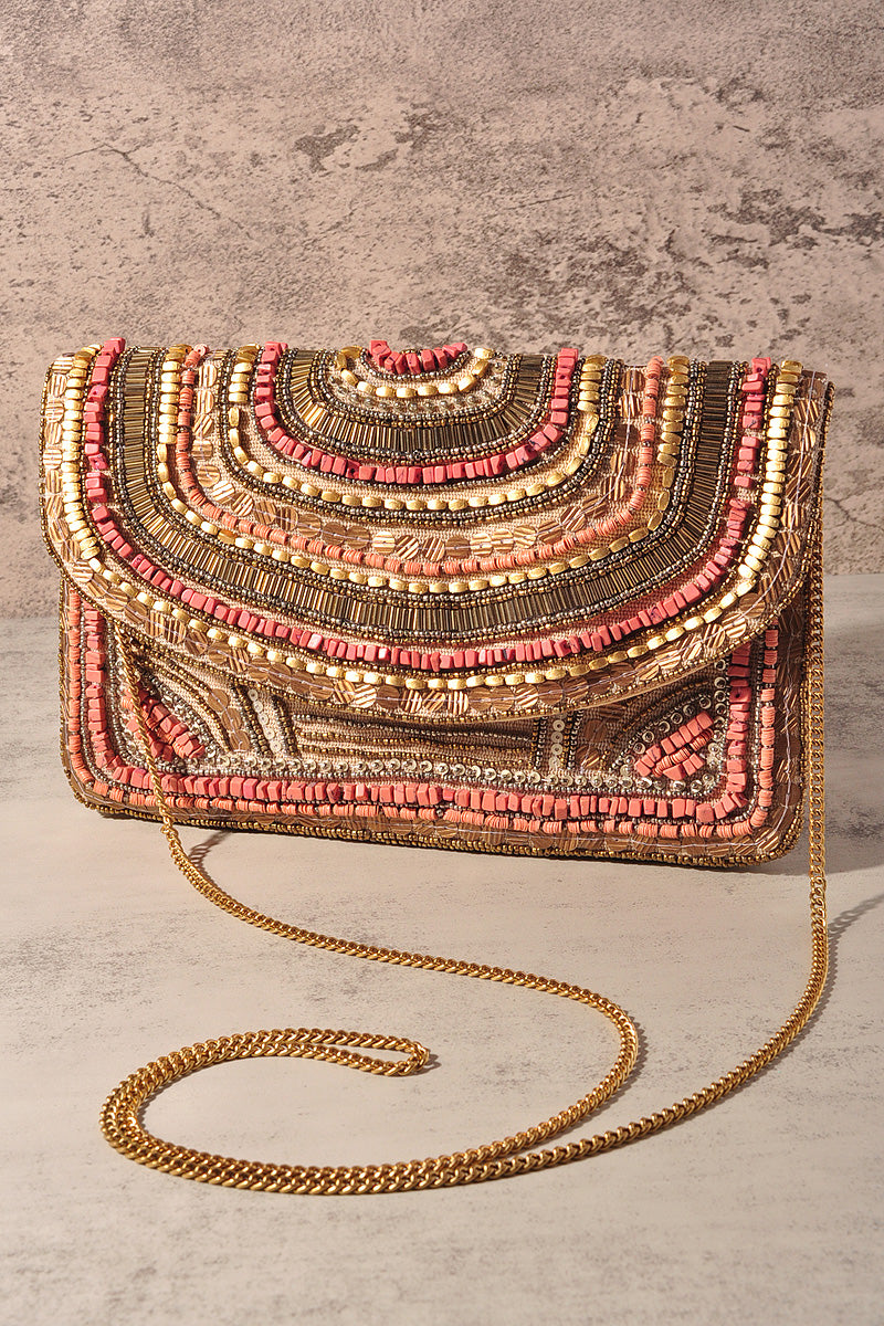 FASHION PATTERN BEAD DESIGN CLUTCH BAG