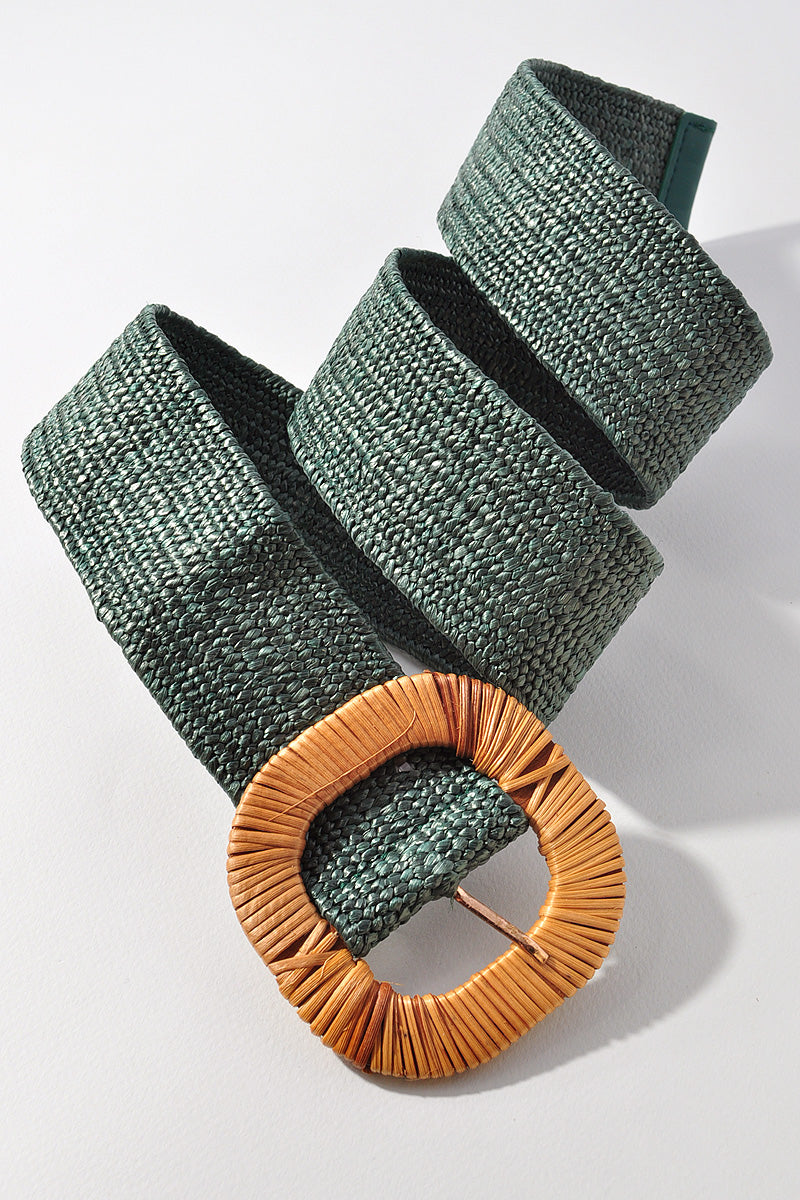 ROUNDED SQUARE RATTAN BUCKLE ELASTIC STRAW BELT