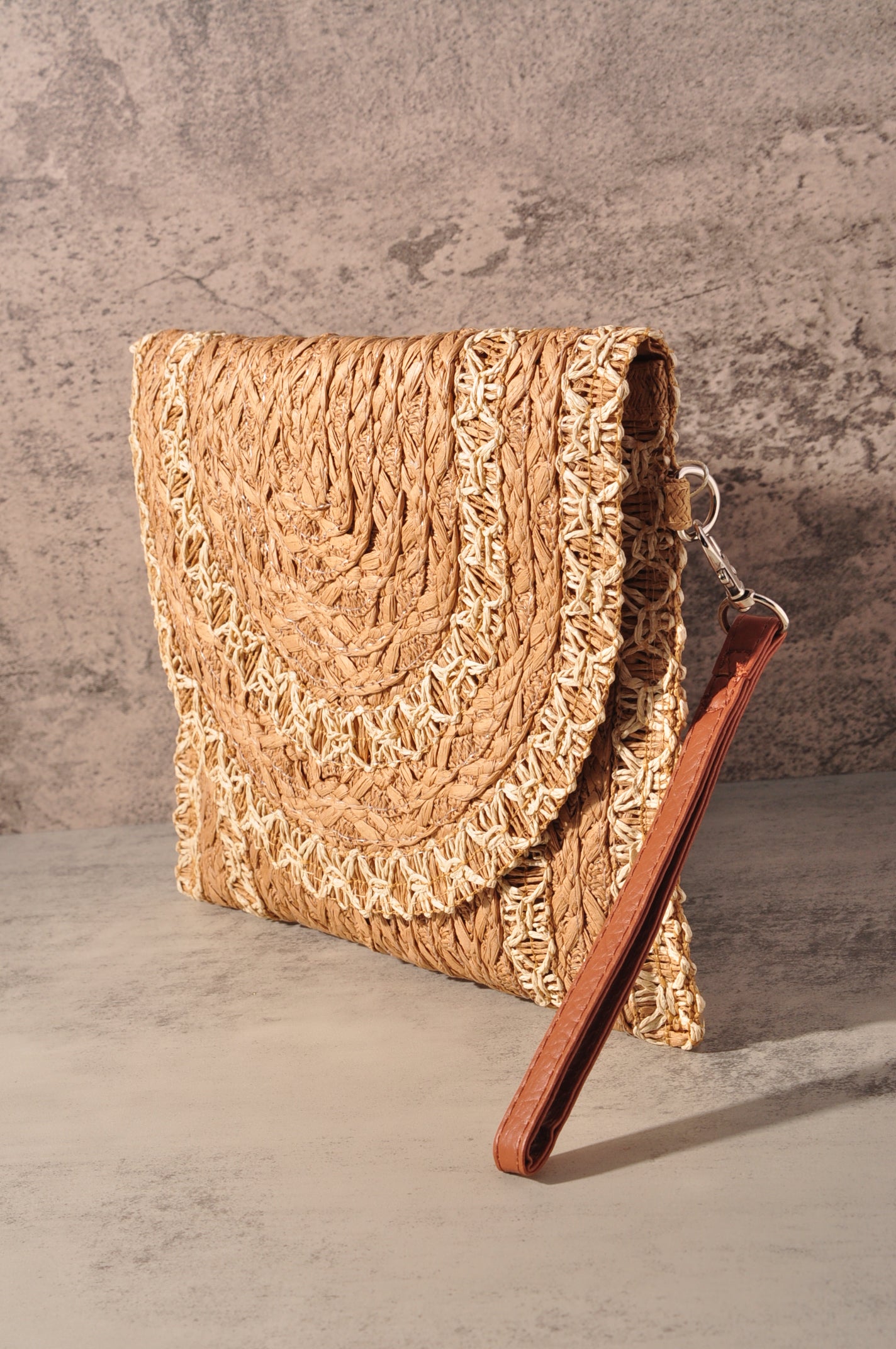 STITCH DETAIL STRAW CLUTCH & CROSSBODY BAG