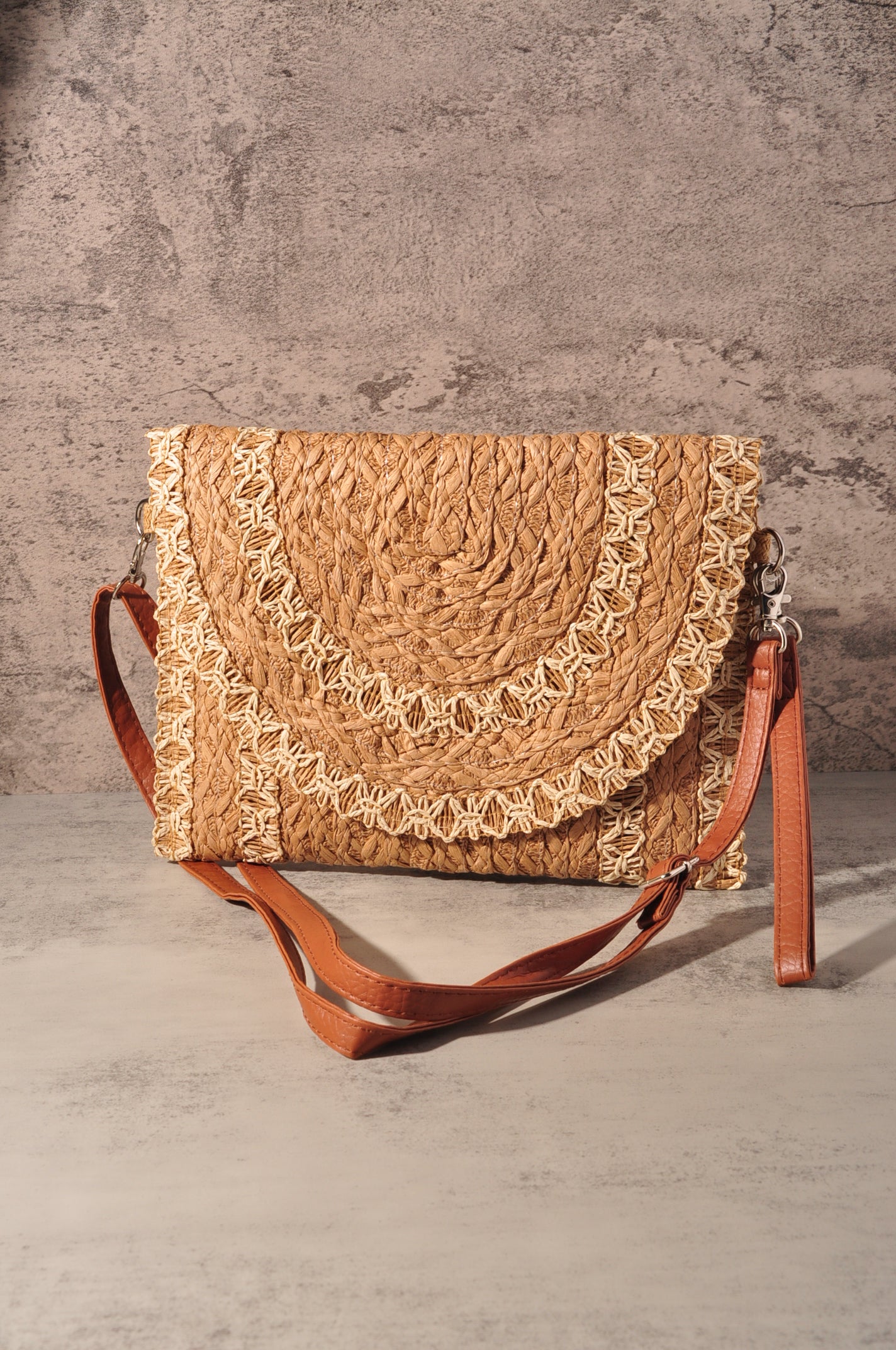 STITCH DETAIL STRAW CLUTCH & CROSSBODY BAG
