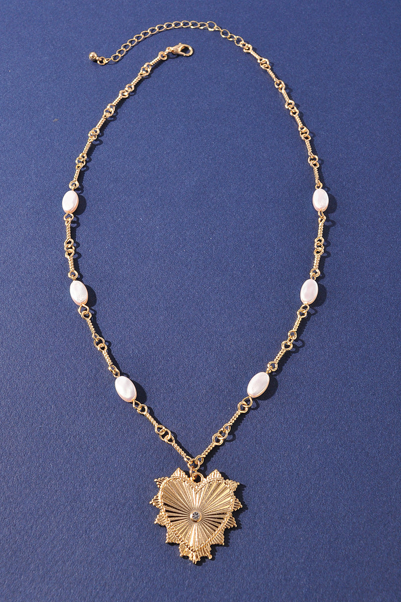 Gold Heart Pendant Pearl Accent Chain Necklace