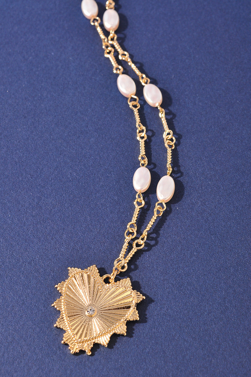 Gold Heart Pendant Pearl Accent Chain Necklace