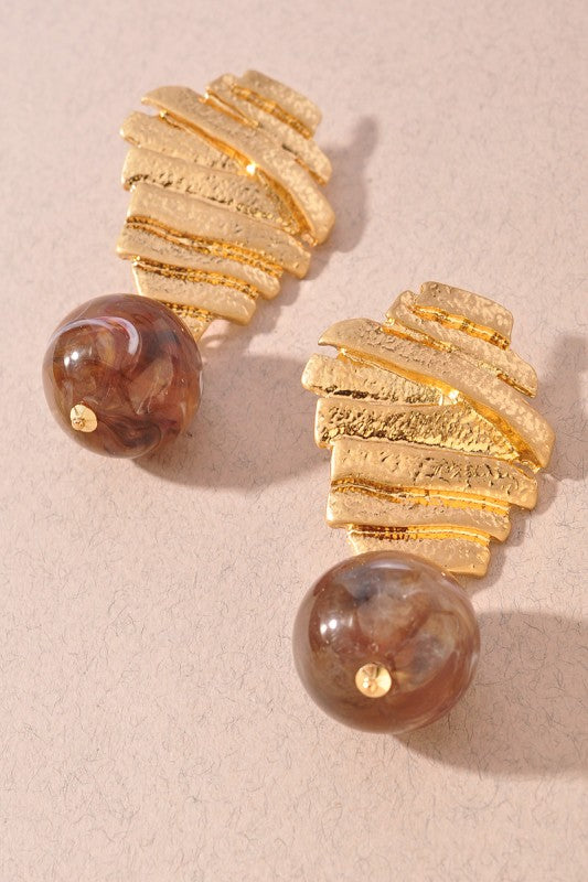 Organic Gold Textured & Brown Marble Statement Earrings